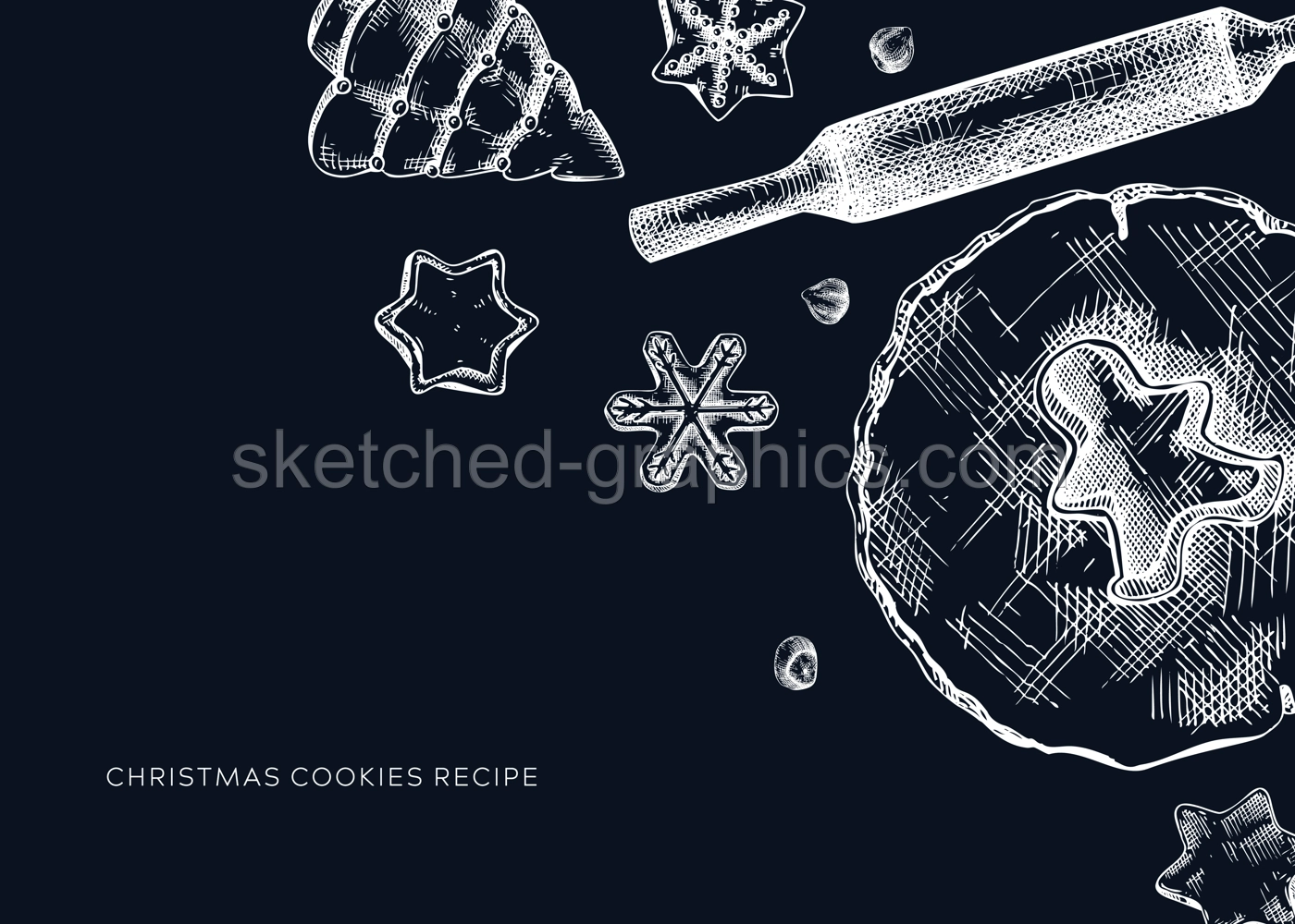 Christmas cookies banner on chalkboard. Sketched cooking process elements set: cookies, dough, rolling pin. Home-made cookies hand-drawings for Christmas decor, menu, recipe, banner, greeting cards. Illustration